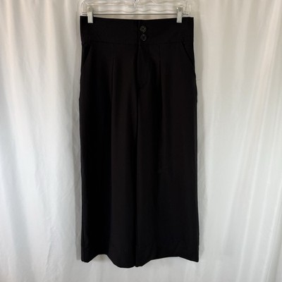 Albion Cropped Pants Women's Small Solid Black Wide Leg Pleated Button Zip