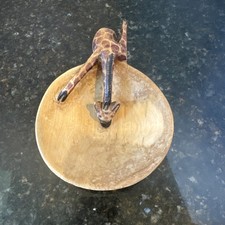 Vintage Wood African Giraffe Drinking From Wooden Bowl Hand Carved In Africa
