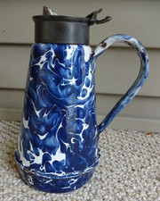 ANTIQUE COBALT BLUE AND WHITE SWIRL GRANITEWARE SYRUP MOLASSES PITCHER