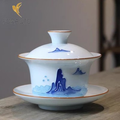 Carving Landscape Porcelain Gaiwan Tea Cup 150ml 5.1oz Handmade Kungfu Tea Set