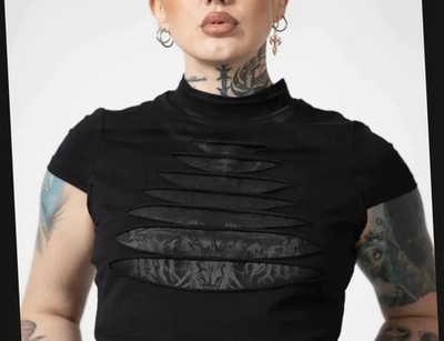 Killstar Hettie Slashed LARGE Top Gothic Grunge Punk Goat Mesh Overlay Stretch