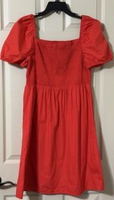 LOFT Orange Red Smocked Puff Sleeve Dress Womens M Cotton Lined Pockets Babydoll