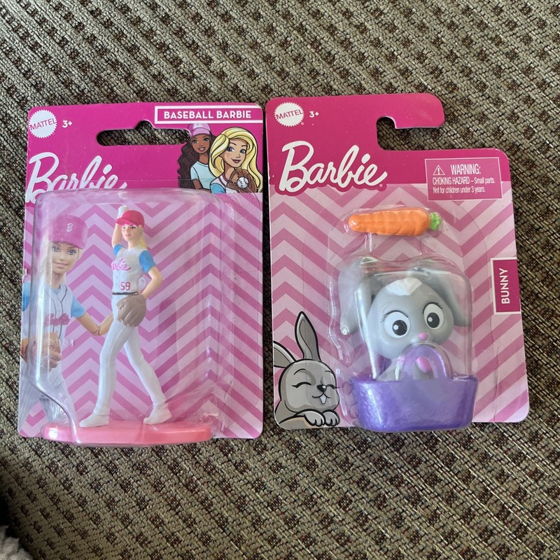 New Mattel Baseball Barbie & Pet Bunny Rabbit Purple Pet Basket & Carrot Figures