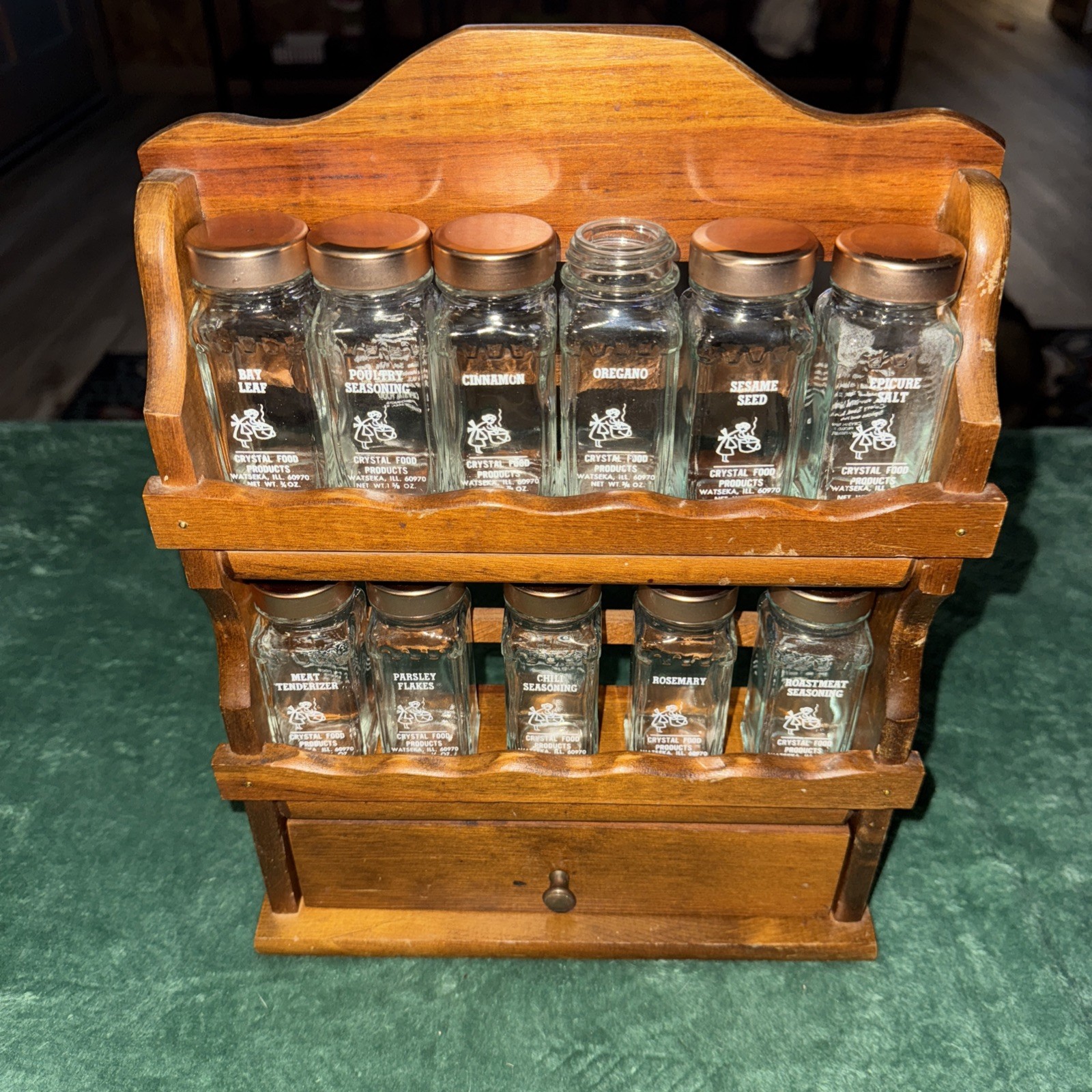 VINTAGE CRYSTAL FOODS PRODUCTS - 11 GLASS JAR WOODEN SPICE RACK Set USA