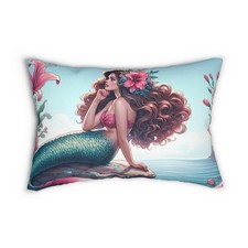 Mermaid Fantasy Lumbar Pillow Coastal Nautical Beach Home Decor