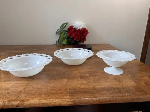 Vintage Milk Glass Bowl Set – Anchor Hocking Old Colony Lace Edge Compote & Bowl