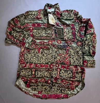 Naga Milo Shirt Womens M Red Paisley Abstract Beaded Button Up Long Sleeve.