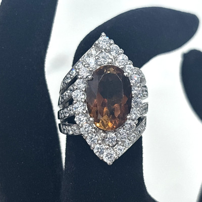 Sterling Silver Ring Statement Cocktail Brown Orange Stone CZ Split Shank 6.5