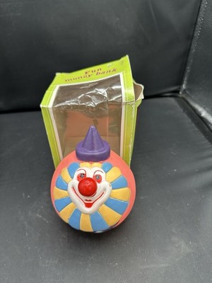 Vintage Handpainted Molded Plastic Circus Clown Coin Money Change Bank