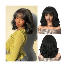 WIGER Yaki Texture Wavy Wig with Bangs for Women Short Shoulder Len... Fast Ship