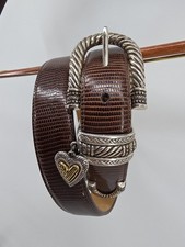 Vintage Brighton Brown Leather Lizard Belt Silver Engraved Buckle w Charm Sz 38