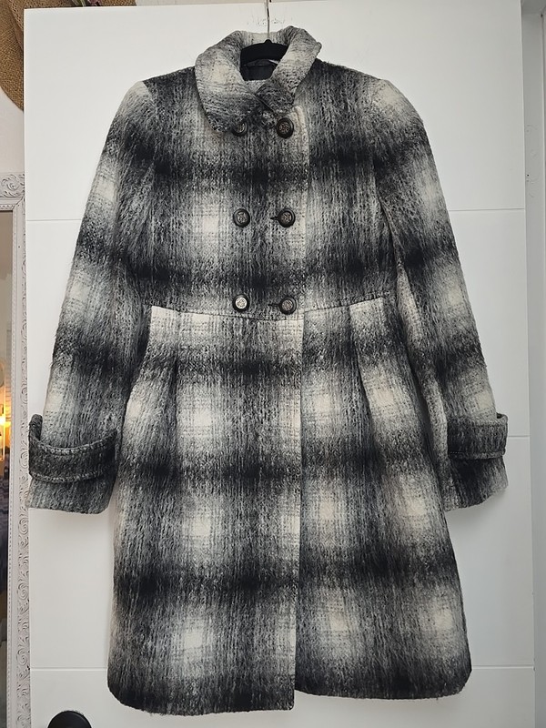 ZARA BASIC Grey Plaid Wool Blend Mohair Style Empire Waist Coat - Size S Small