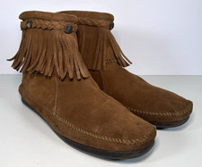 Minnetonka Back Zip Moccasin Ankle Bootie Brown Suede Fringe  Braid Women Sz 11