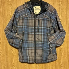 American Eagle Jacket Mens S/P Gray Blue Plaid Hooded Fleece Lined Coat