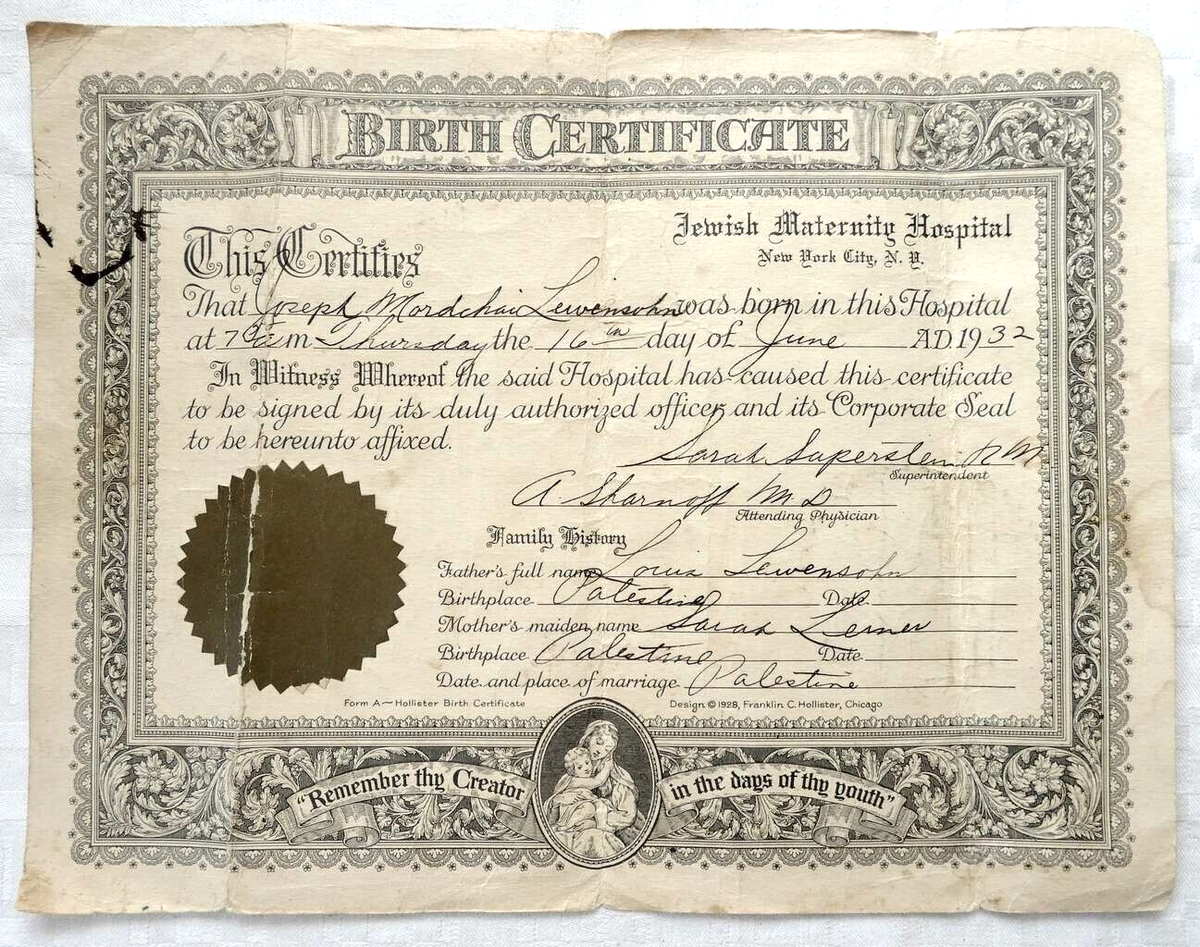Litho Birth Certificate of J. M. Lewensohn, Jewish Materning Hospital NY,  1932