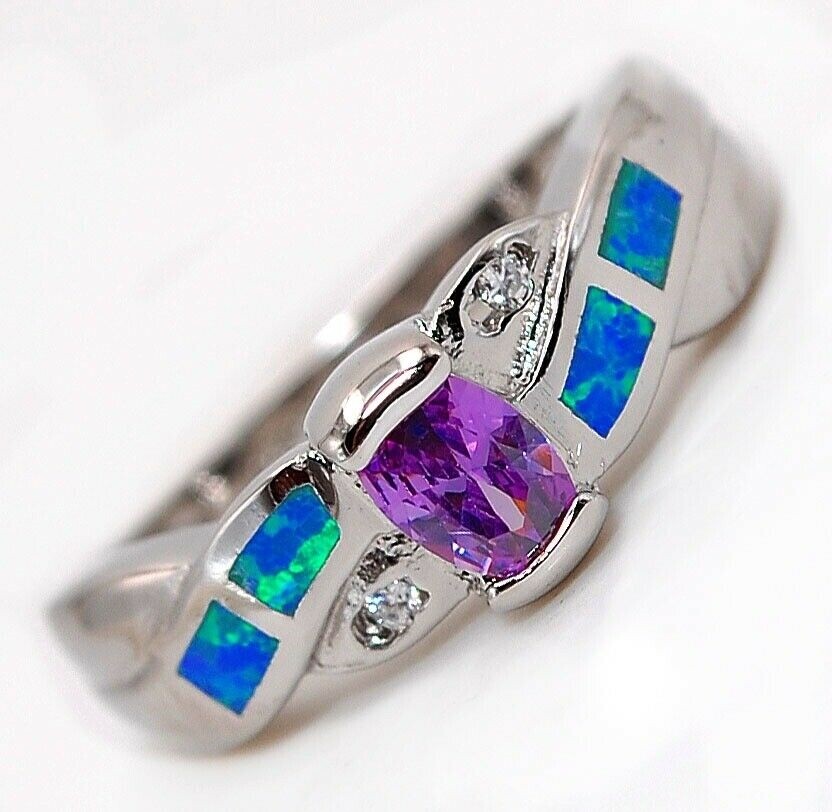 1CT Amethyst Australian Opal Inlay 925 Sterling Silver Ring Size 7 BA2