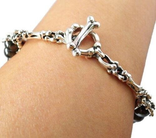 SKULL SKELETON CLAW BONE 925 STERLING SILVER HEMATITE BRACELET 9" - Picture 3 of 4