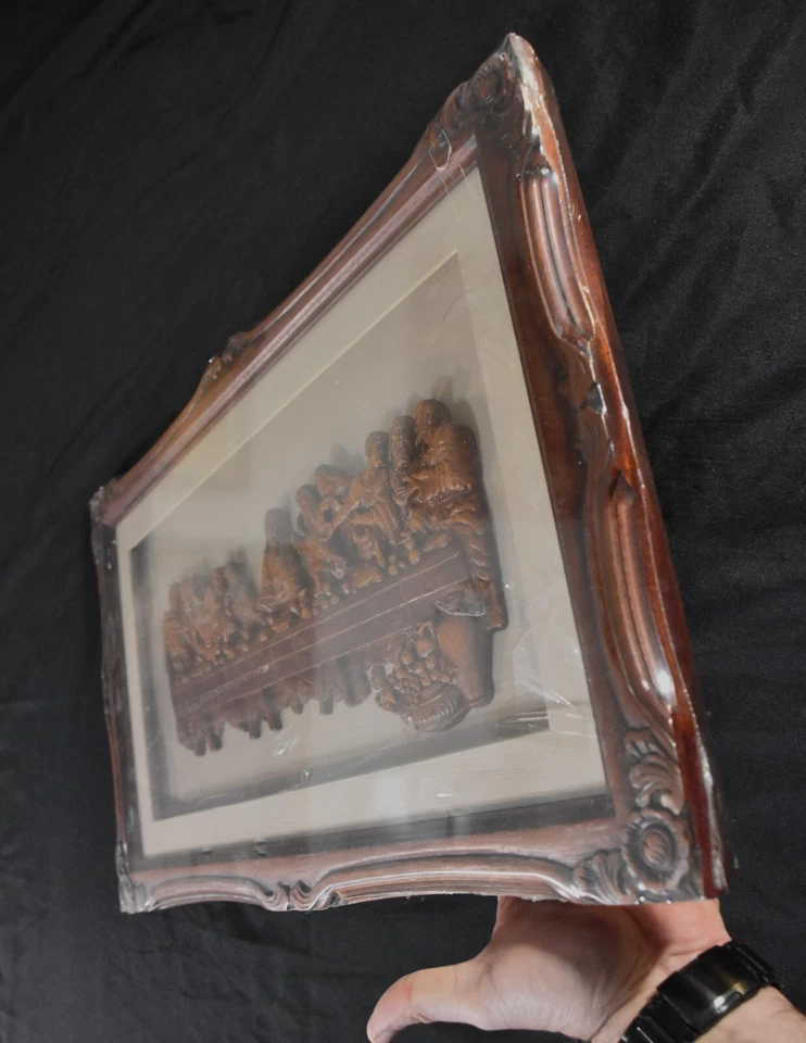 Talla de madera maciza 3D La Última Cena, marco de caoba maciza, hecho a mano, Indonesia Foto 3 de 4