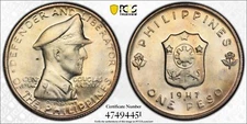 PHILIPPINES. 1947 S PCGS MS65 One Peso MacArthur - Toned
