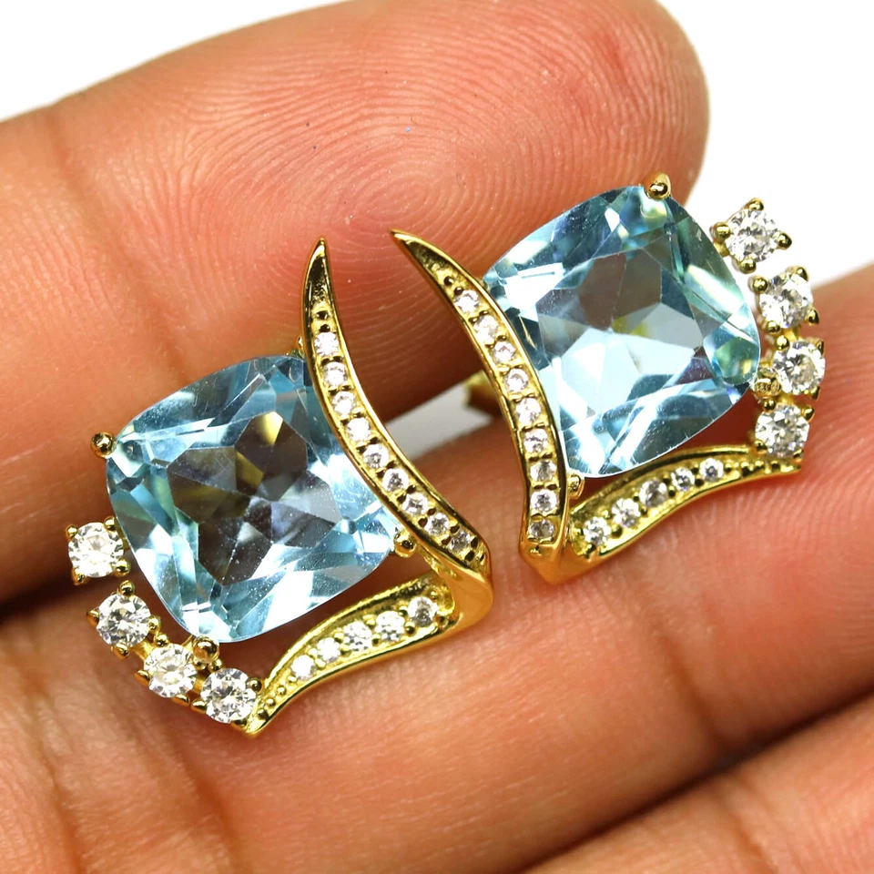 925 Sterling Silver 11 x 11 mm. Sky Blue Topaz & White Zircon Earrings - Image 2 of 4