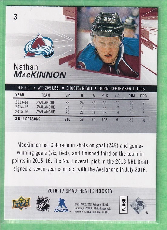 2016-17 SP Authentic #3 Nathan MacKinnon Colorado Avalanche - Image 2 of 2