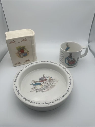 Wedgwood PETER RABBIT 3 piece NURSERY SET  Bowl And Cup England And Piggy Bank.
