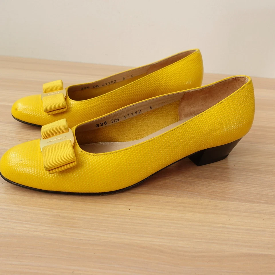 Salvatore Ferragamo Zapatos Mujer 5 C Arco Plano Vara Ancho Exótico Corte Lagarto Años 90 Foto 4 de 4