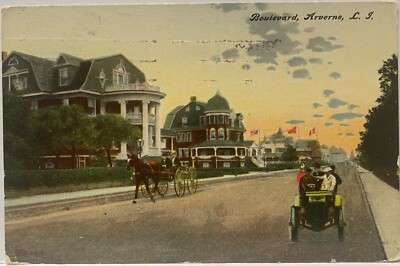 Arverne NY~Boulevard~Auto and Horse Drawn Wagon~Far Rockaway Queens Postcard