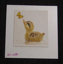 HAPPY EASTER Cute Yellow Duckling w/ Butterfly 4.5x4.5" Greeting Card Art #2089