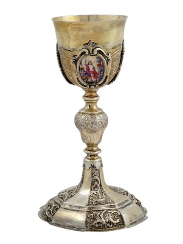A Gilt-Silver Communion Chalice With 3 Painted Enamel Miniatures, 19Th Cen. - Picture 1 of 4