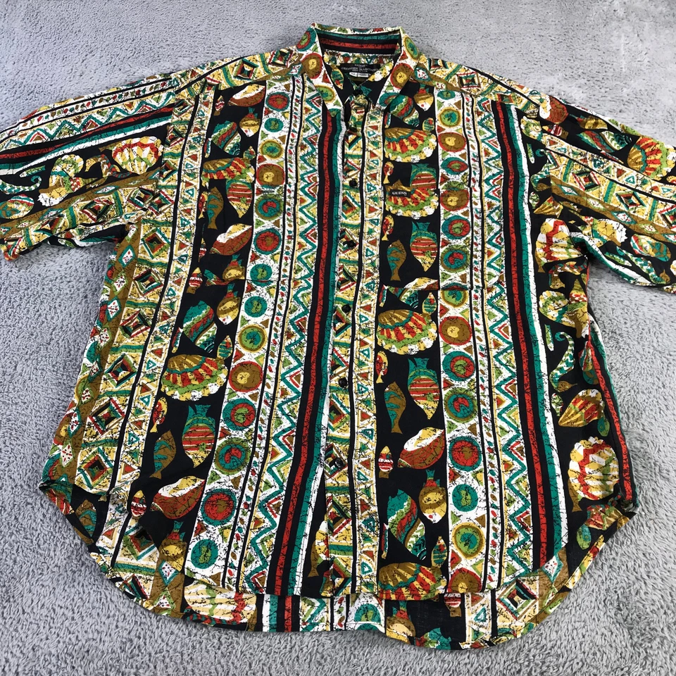 Vintage Guess Georges Marciano Shirt Mens Medium Button Up Fish Aztec VTG Hawaii - Image 3 of 4