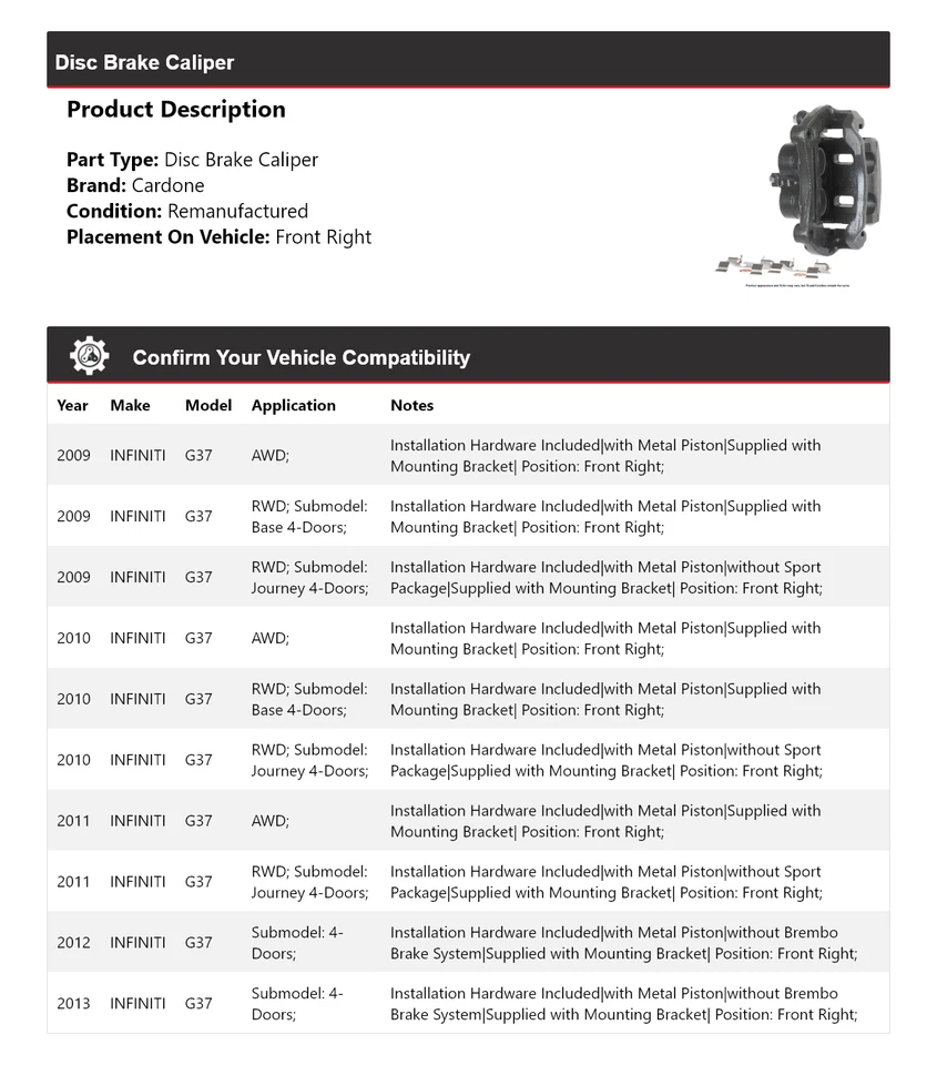 Pinza de freno de disco delantera derecha Cardone 2010 2011 2012 para Infiniti G37 2009-2013 Foto 2 de 4