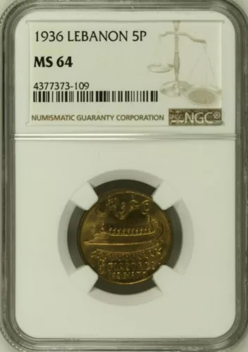 LEBANON , 5 PIASTRES 1936 - NGC MS 64 , RAREP