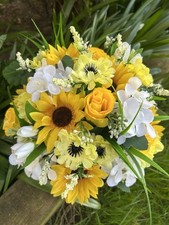 Yellow White Grave Flowers Pot Arrangement Artificial Silk Cemetery Posy Vase