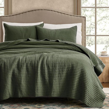 100 Cotton King Size Quilt Set - Olive Green Striped Pick Stitch Soft Lightweig
