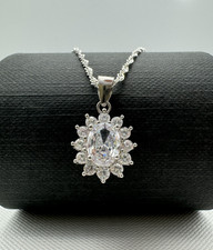 925 Solid Sterling Silver Diamond Oval Cluster Pendant Necklace 18 Inch New