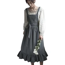 Vintage Cotton Linen Pinafore Apron Dress for with Pockets Cute Art Chef Ruff...