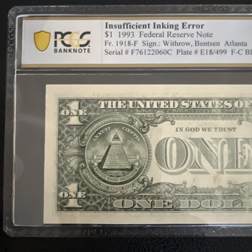 1993 $1 Federal Reserve Note Insufficient Inking Error PMG GEM UNC 66 PPQ - Image 3 of 4