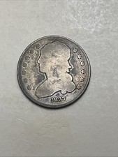 1837 Capped Bust Quarter Dollar, US 25c Silver Type Coin Damaged, 7 Mark on Neck