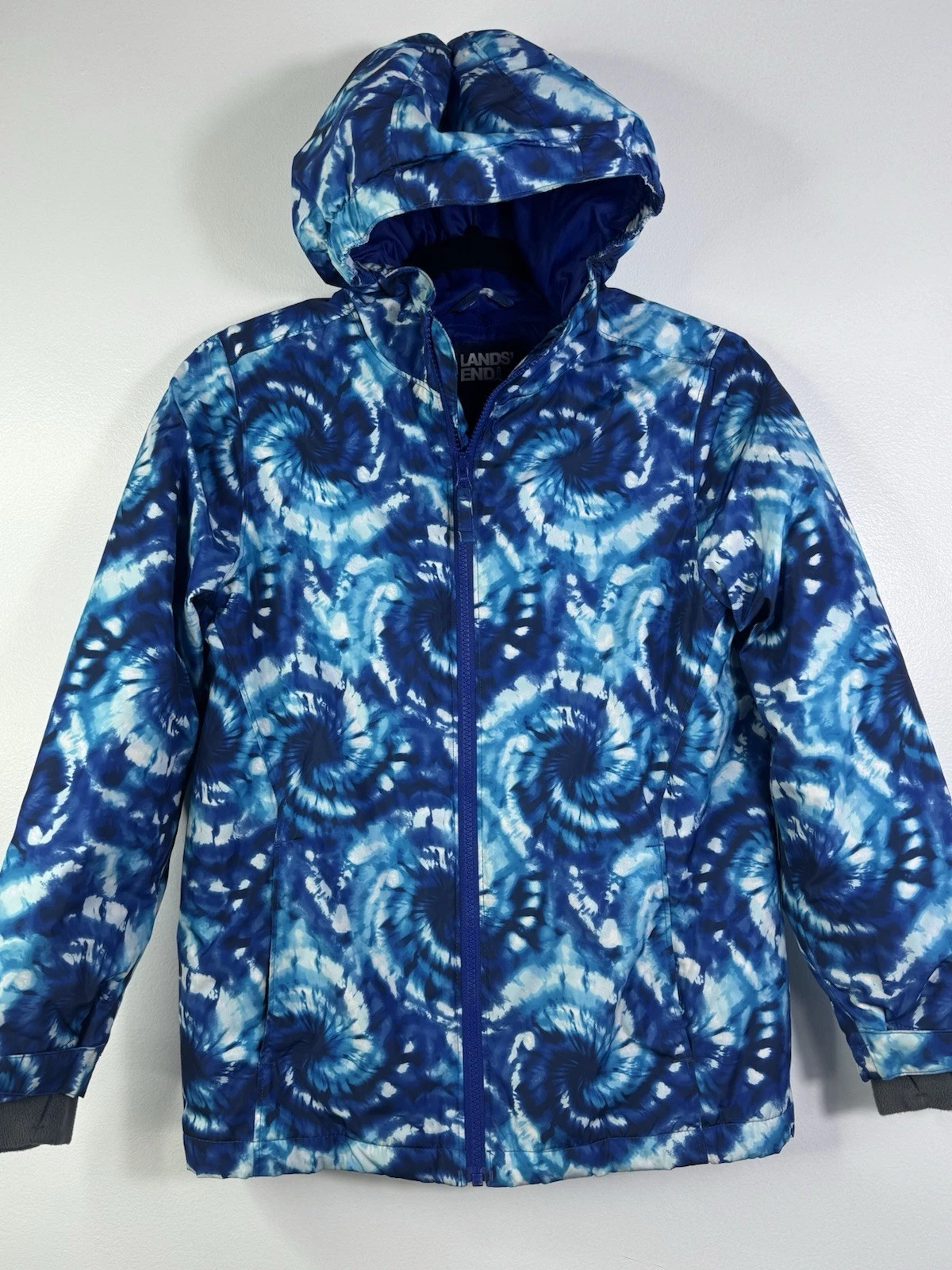 Lands End Blue Tie Dye Cold Weather Puffer Jacket Parka With Hood Girls L 10-12