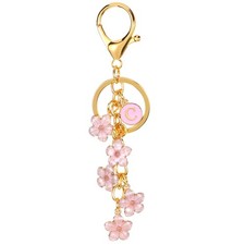 Initial Letter Flower Keychain, Alphabet C Enamel Charm Flower Keyring, Pink