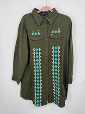 NWT Lucky & Blessed Shirt Dress Womens Large Olive Green Denim Button Embroidery