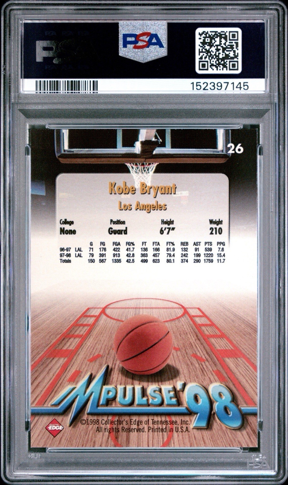 1998 Collectors Edge Impulse 26 Kobe Bryant PSA 9 POP 22 Rare view 2