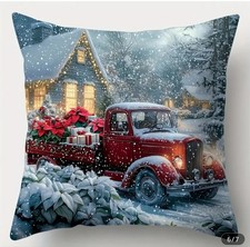Beautiful Vintage Red Truck Christmas Throw Pillow Cover Winter Holiday 18  