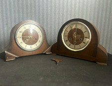 Pair of Mechanical Key Wind Mantel Clocks, Brown Wood Arch, Analogue Arabic