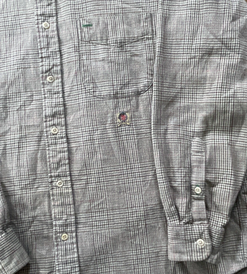 Camisa Tommy Hilfiger De Colección Para Hombres Grande Marrón Pata de Gallo Abotonada Cresta de Leones Foto 3 de 4