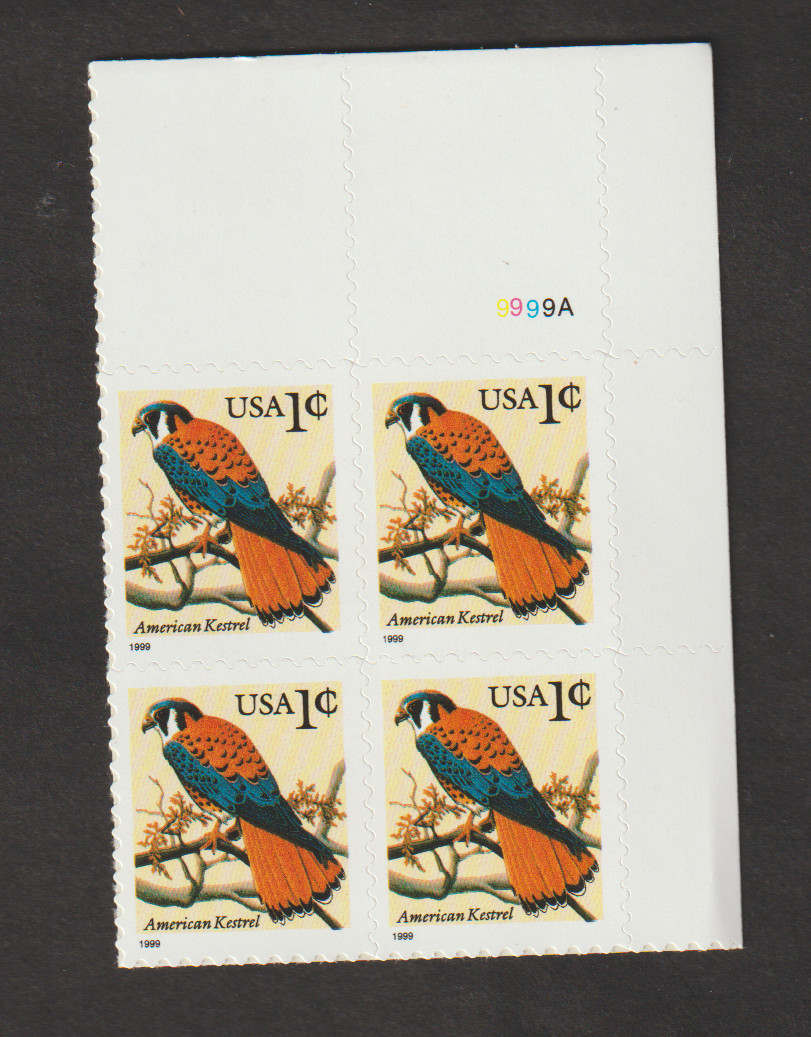 1999 US 3031 PLATE NUMBER BLOCK OF 4 KESTREL MNH