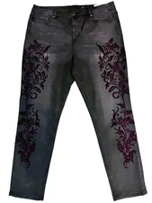 DG2 624-826 Diane Gilman Vrtual Stretch Floral Velvet Flocked Jean BLACK 18W
