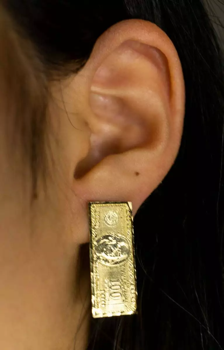 Fine Solid Metal One Hundred Dollar Bill Money Stud Earrings Yellow Gold  plated