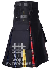 Scottish LGBT Pride Utility Hybrid KILT Black Cotton & Tartan Pleats custom kilt